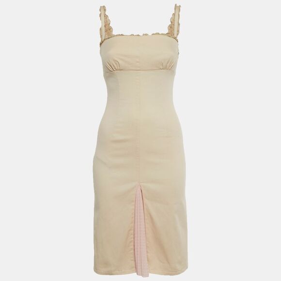 Red Valentino Beige Cotton Plisses Detail Sleeveless Midi Dress S